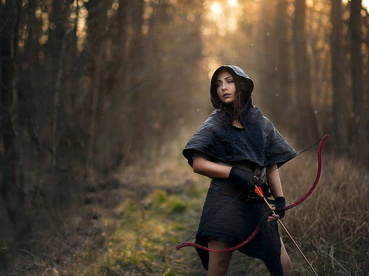 Ragazza, cacciatore, arco, frecce, abito midi nero con cappuccio da donna, ragazza, cacciatore, arco, frecce, Sfondo HD
