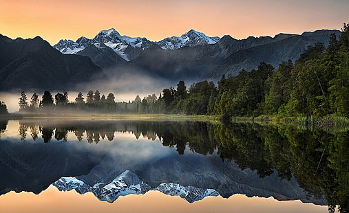 водно тяло до дървета, природа, пейзаж, езеро, отражение, планини, гора, мъгла, снежен връх, вода, Нова Зеландия, дървета, HD тапет HD wallpaper