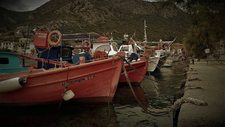 merah, perahu, desa, pelabuhan, Trikeri, Wallpaper HD