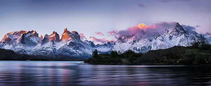 panoramas torres del paine patagonia chile mountain sunrise lake snowy peak trees nature landscape, HD wallpaper