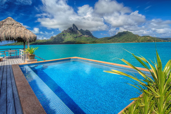blue swimming pool, pool, hotel, bungalow, blue lagoon, bora-bora, St-Regis, HD wallpaper