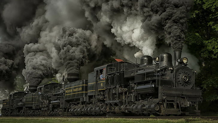 train, steam locomotive, dust, railway, wheels, Maryland, USA, nature, trees, grass, smoke, HD wallpaper