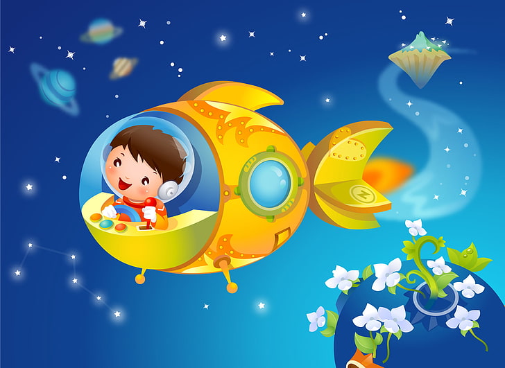 boy riding rocket in space illustration, flowers, smile, fantasy, planet, stars, child, baby Wallpaper, spaceship, HD wallpaper