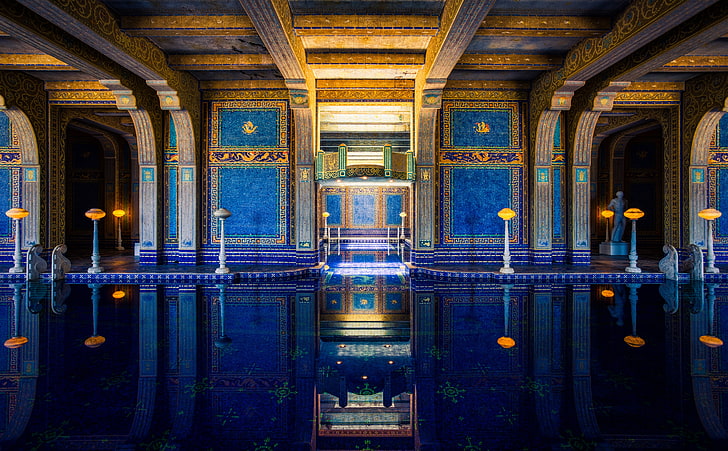 Fancy Pool, blue and brown hallway, Architecture, Pool, Mosaic, hearst castle, roman pool, HD wallpaper