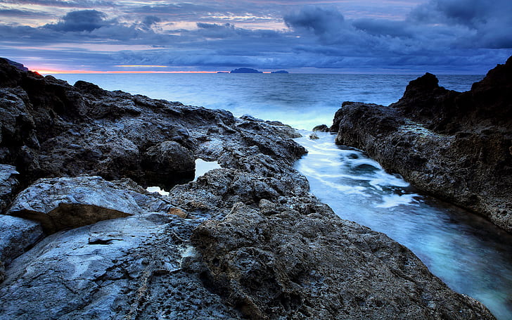sea, the sky, water, Islands, clouds, rocks, Portugal, sunrise, Madeira, HD wallpaper