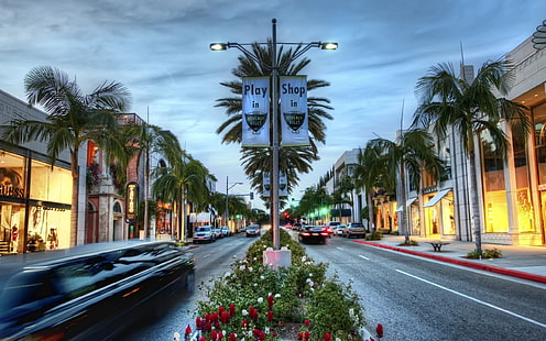 grauer Straßenlichtpfosten, Straße, USA, Los Angeles, Hollywood, Geschäft, Kalifornien, Beverly Hills, HD-Hintergrundbild HD wallpaper