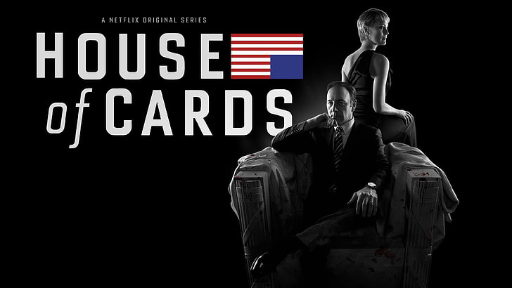 House of Cards series wallpaper, House of Cards, Frank Underwood, Kevin Spacey, Robin Wright, Claire Underwood, American flag, Netflix, sitting, couple, black background, TV, Pablo, HD wallpaper