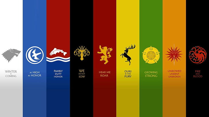 Game Of Thrones, House Arryn, House Baratheon, House Greyjoy, House Lannister, House Martell, House Stark, House Targaryen, House Tully, House Tyrell, panels, Sigils, HD wallpaper