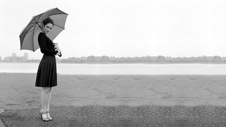 Zooey Deschanel, umbrella, women, monochrome, actress, HD wallpaper