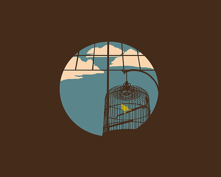 dome birdcage illustration, simple, minimalism, cages, birds, clouds, sky, brown background, simple background, digital art, HD wallpaper