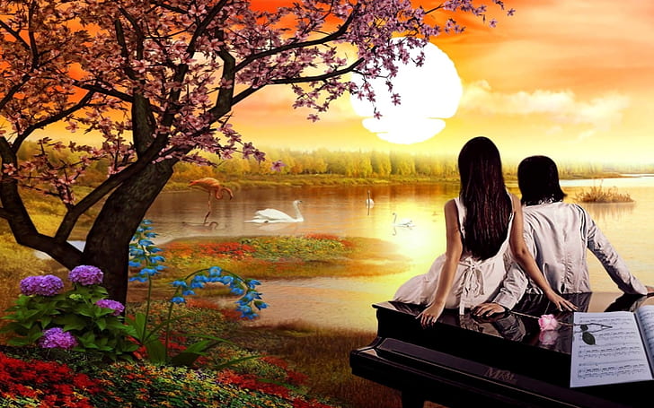 Романтична любов Любовна двойка Природа Лебедово езеро Залез Пролетни цветя Цъфнало дърво Любовна двойка Тапет Hd 2560 × 1600, HD тапет