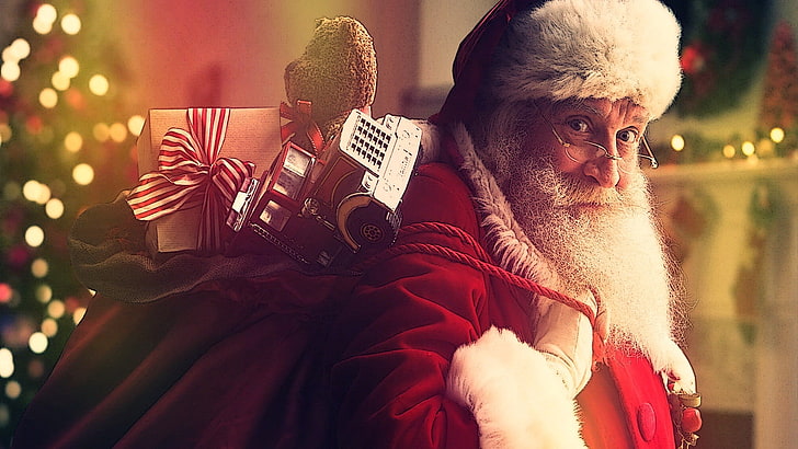 Affiche du père Noël, père Noël, lumières, jouets, Fond d'écran HD