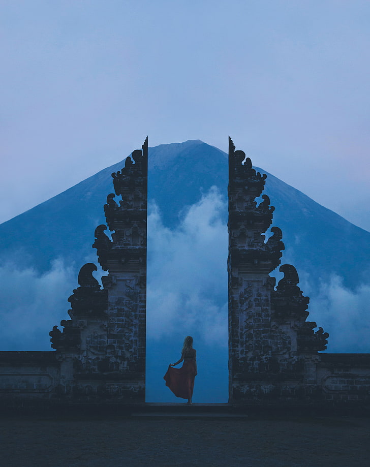 ворота, одиночество, одна, девушка, горы, Бали, Индонезия, HD обои, телефон обои