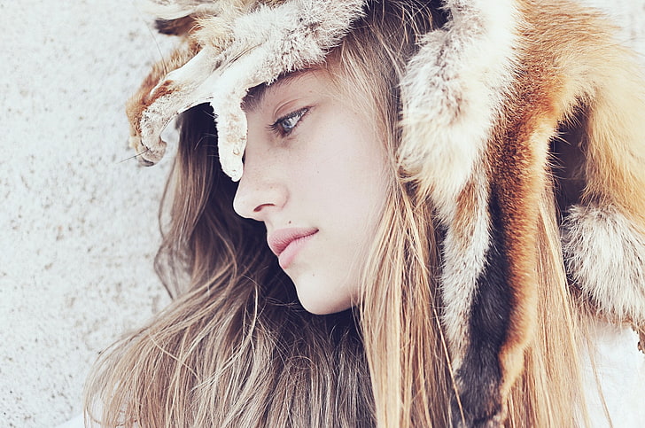 women, model, blonde, closeup, fur cap, HD wallpaper