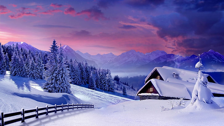 къща, покрита със сняг живопис, природа, зима, пейзаж, сняг, HD тапет