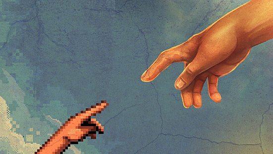 The Creation of Adam parody painting, two hand pointing each other painting, pixelated, pixel art, The Creation of Adam, pixels, artwork, digital art, HD wallpaper HD wallpaper
