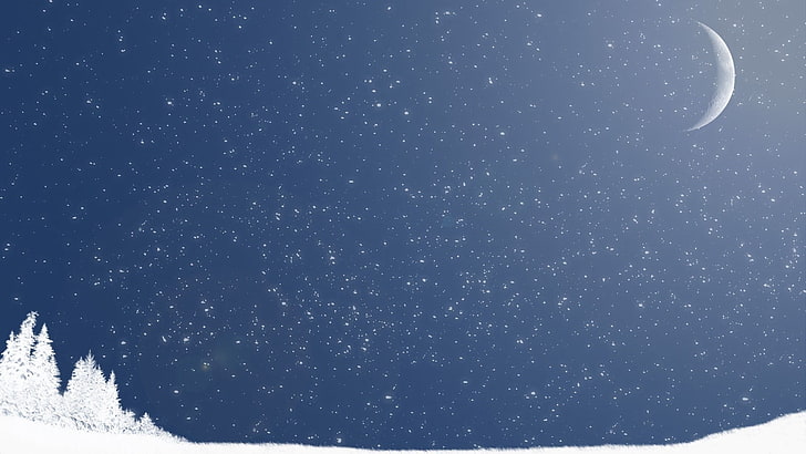 lua crescente e céu estrelado papel de parede, estrelas, neve, lua, obras de arte, HD papel de parede