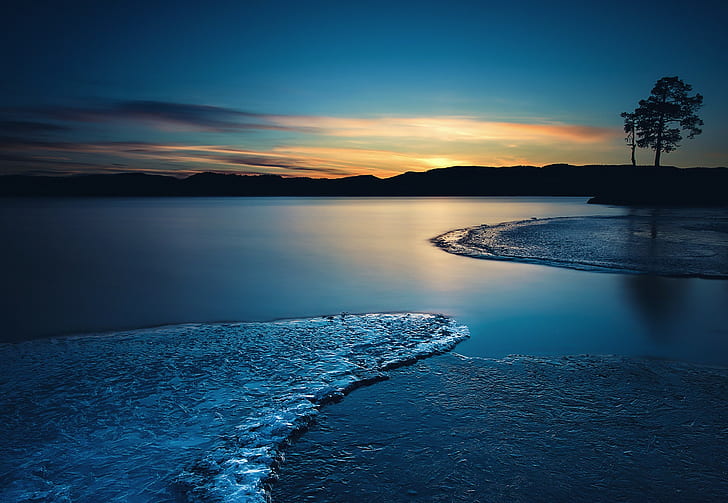 paysage, lac gelé, coucher de soleil, Fond d'écran HD