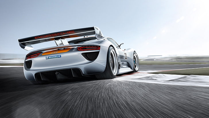 białe sportowe coupe, samochód, Porsche 918 RSR, tory wyścigowe, Porsche, rozmycie ruchu, samochody wyścigowe, białe samochody, Tapety HD