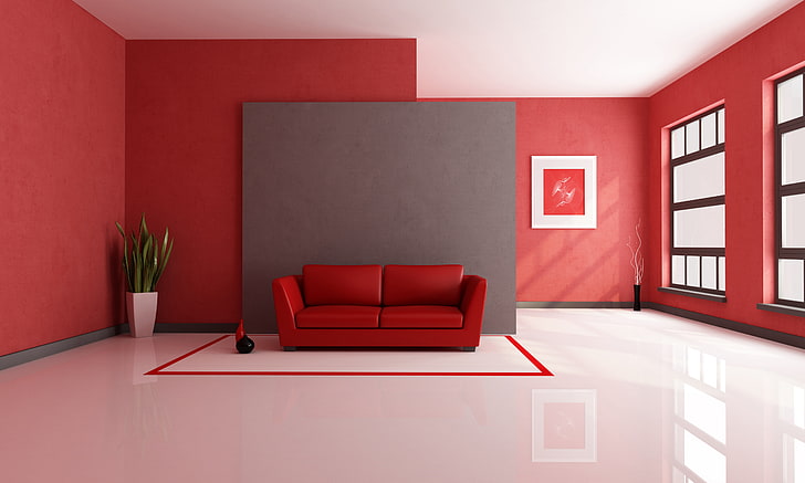 divano a 2 posti in pelle rossa, camera, divano, pianta, finestre, vaso, Sfondo HD