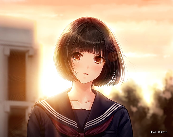Anime Mädchen, semi realistisch, kurze Haare, Schuluniform, Sonnenlicht, Anime, HD-Hintergrundbild