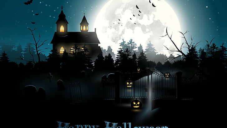 silhouette of Happy Halloween house during nighttime digital wallpaper, Halloween, moon, cemetery, night, pumpkin, HD wallpaper