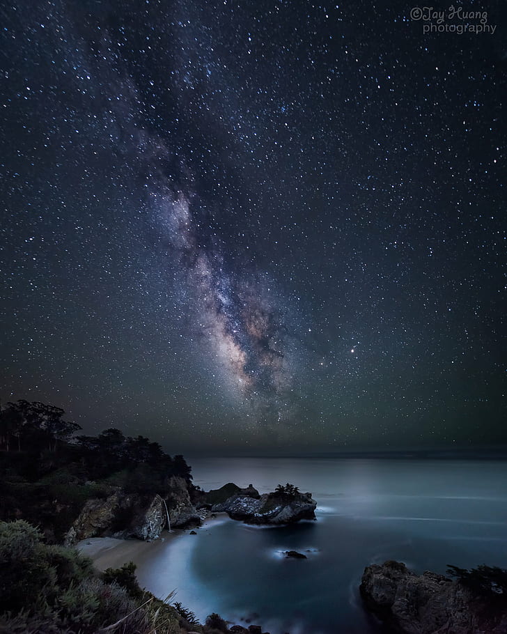milky way galaxy long exposure photo, Milkyway, milky way galaxy, McWay Falls, Big Sur  California, California State Park, Night Photography, Pacific Ocean, Coast  Stars, Water Falls, astronomy, star - Space, galaxy, night, milky Way, nebula, space, constellation, nature, sky, dark, science, planet - Space, blue, long Exposure, landscape, HD wallpaper