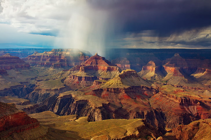 зелено-коричневая гора цифровые обои, небо, облака, дождь, скалы, США, национальный парк Гранд-Каньон, HD обои