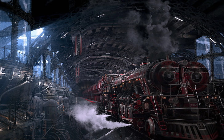 иллюстрация красного поезда, искусство фантазии, цифровое искусство, вокзал, паровоз, поезд, технология, трубы, металл, арка, Бермудские острова, стимпанк, HD обои
