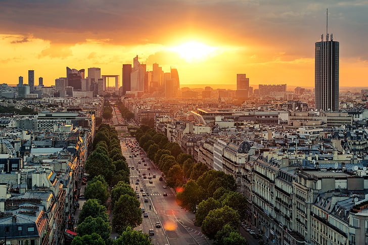 road, the sky, the sun, clouds, trees, dawn, transport, France, Paris, home, the view from the top, street, HD wallpaper