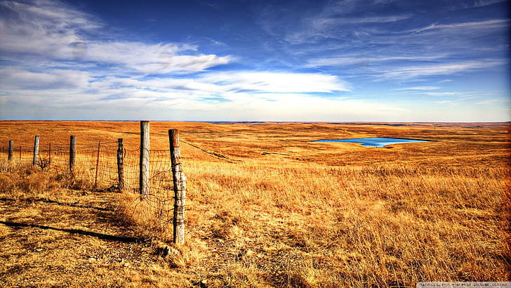 Pond On Flint Hill Kansas, fields, pond, hill, fence, nature and landscapes, HD wallpaper