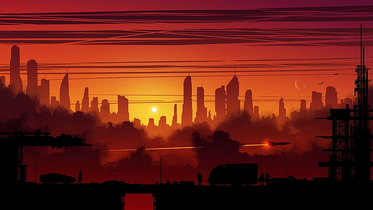 Foto di silhouette della città sotto l'ora d'oro, arte digitale, città, costruzione, tramonto, fantascienza, opera d'arte, illustrazione, fantasy art, Kvacm, Sfondo HD
