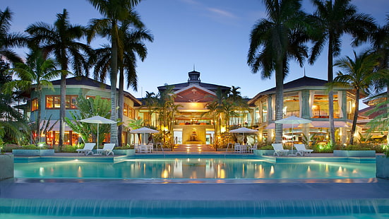 hotel, swimming pool, palm trees, HD wallpaper HD wallpaper