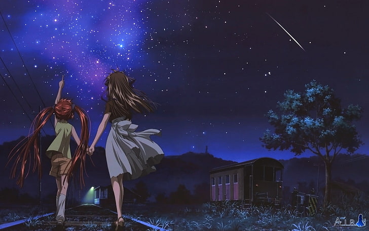 anime, night, stars, shooting stars, Air (anime), anime girls, HD wallpaper