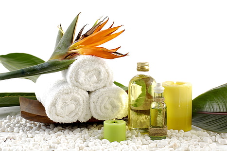 body oil and towel, leaves, flowers, oil, candle, towel, Spa, Spa stones, Spa rocks, HD wallpaper HD wallpaper