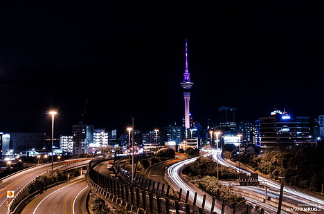 Auckland, nuvole, paesaggio urbano, Nuova Zelanda, sentieri di luce, Sfondo HD HD wallpaper