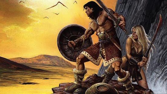 Frank Frazetta, pintura, arte de fantasía, Conan el Bárbaro, escudo, espada, Fondo de pantalla HD HD wallpaper