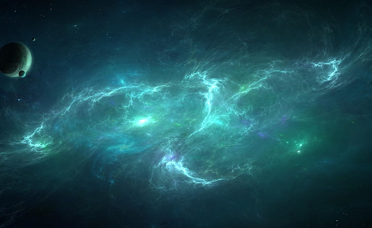 teal nebula galaxy wallpaper, planets, nebula, light, swirl, HD wallpaper