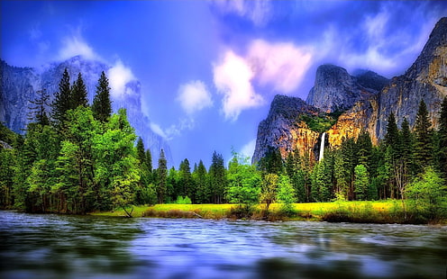 Beautiful landscape, river, forest, waterfalls, mountains, Beautiful, Landscape, River, Forest, Waterfalls, Mountains, HD wallpaper HD wallpaper