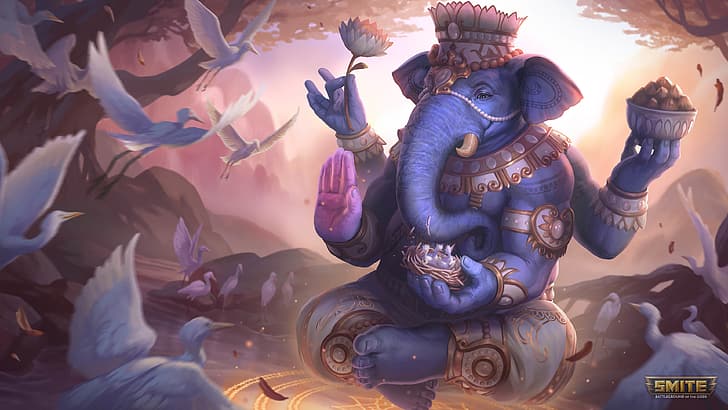 Ganesh, Ganesha (Smite), pájaros, elefante, Smite, con marca de agua, joyas, joyas para el cuerpo, flores, nidos, Anthro, Fondo de pantalla HD