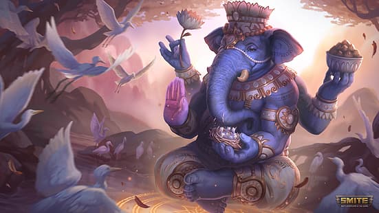 Ganesh, Ganesha (Smite), oiseaux, éléphant, Smite, filigrané, bijoux, bijoux de corps, fleurs, nids, Anthro, Fond d'écran HD HD wallpaper