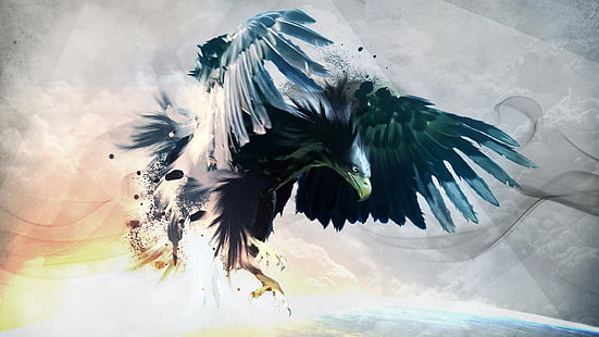 pintura de águia, águia, pássaros, trabalho artístico, respingos de tinta, arte digital, animais, HD papel de parede HD wallpaper
