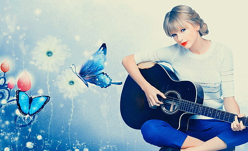 Taylor Swift spelar gitarr, Taylor Swift, musik, Taylor Swift, blå, gitarr, fantasy, HD tapet HD wallpaper