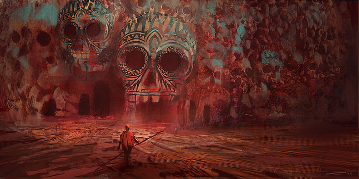 person in orange hoodie illustration, skull, cave, fantasy art, artwork, surreal, red, HD wallpaper