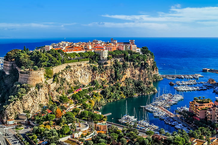 Monaco, Monte Carlo, sea, rocks, beach, sky, boats, coast, houses, horizon, sea, Monaco, Monte Carlo, HD wallpaper