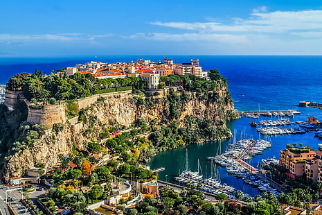 Monako, Monte Carlo, morze, skały, plaża, niebo, łodzie, wybrzeże, domy, horyzont, morze, Monako, Monte Carlo, Tapety HD HD wallpaper