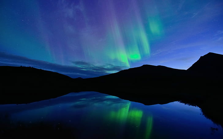 Noruega, noche, aurora boreal, azul, lago, reflejo de agua, Noruega, noche, norte, luces, azul, lago, agua, reflexión, Fondo de pantalla HD