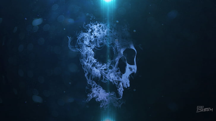 خلفية جمجمة بيضاء رقمية ، ورق حائط رسومي جمجمة رمادية ، دخان ، جمجمة ، خوخه ، خلفية زرقاء، خلفية HD