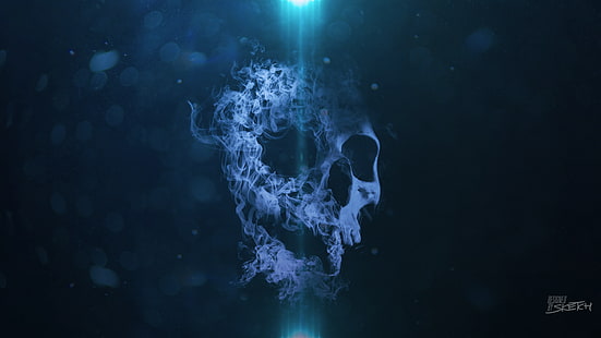 fond d'écran numérique crâne blanc, fond d'écran graphique crâne gris, fumée, crâne, bokeh, fond bleu, Fond d'écran HD HD wallpaper