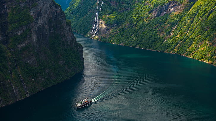 waterway, cliff, geirangerfjord, fjord, europe, seven sisters waterfall, geiranger, norway, HD wallpaper